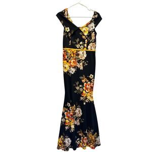 Vintage Maxi Dress Black Yellow Orange Hibiscus Flowers Large Glamazon 70s Flare